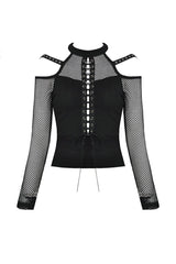 Black Off Shoulder Long Sleeves Lace-Up Mesh Women's Punk Top - Product - 3