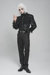 Black Stand Collar Long Puff Sleeves Embroidery Stitching Lace Men's Gothic Blouse - Product - 11