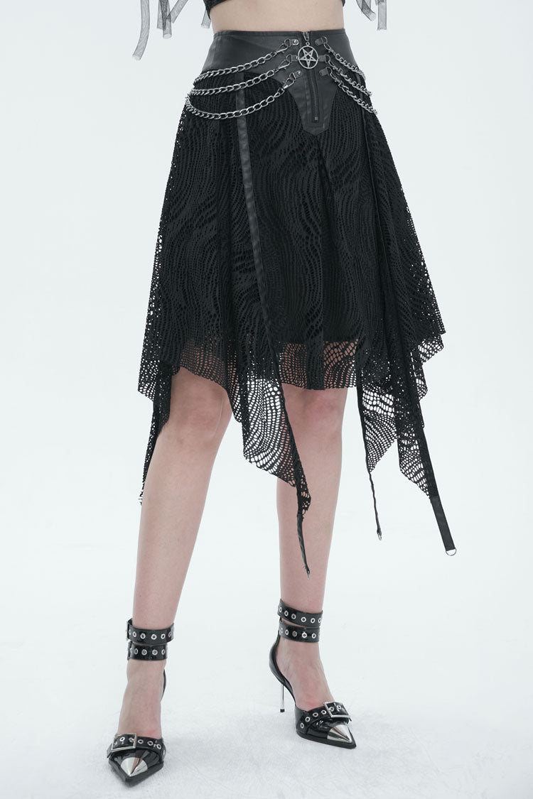 Black Irregular Half Hollow Knit Metal Chain Decorated Women's Punk Skirt - Product - 2