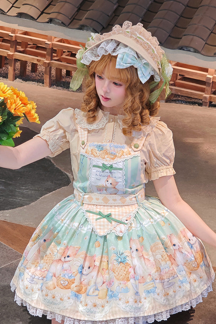 Green [Pineapple Cat] Print Sleeveless Bowknot Lace Sweet Lolita Strap Dress - Product - 6