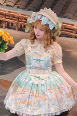 Green [Pineapple Cat] Print Sleeveless Bowknot Lace Sweet Lolita Strap Dress - Product - 6
