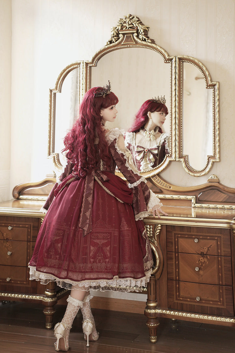 Red Baroque Palace Print Lace Classic Princess Lolita Dress - Product - 13