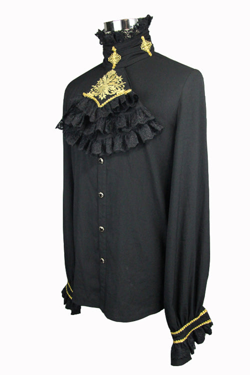 Black Chiffon Chest Embroidery Lace Sleeves Mens Gothic Blouse - Product - 5
