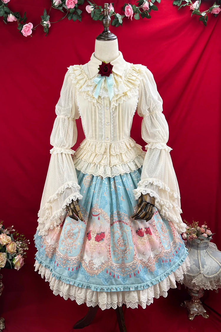 Blue [Moonlit Garden Secret] Print Ruffle Embroidery Lace Sweet Elegant Palace Lolita Skirt - Product - 11