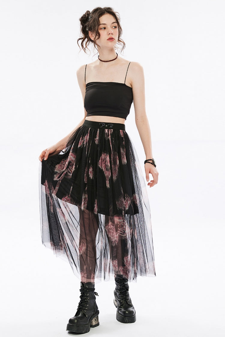 Rose Print Embroidery Stitching Lace Sheer Mesh Women's Gothic Skirt 2 Color - Product - 5