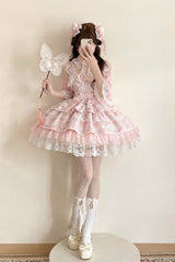 Pink [Rain of Peaches] Sleeveless Multi-Layered Bowknot Lace Sweet Chinese Style Lolita Jsk Dress - Product - 7