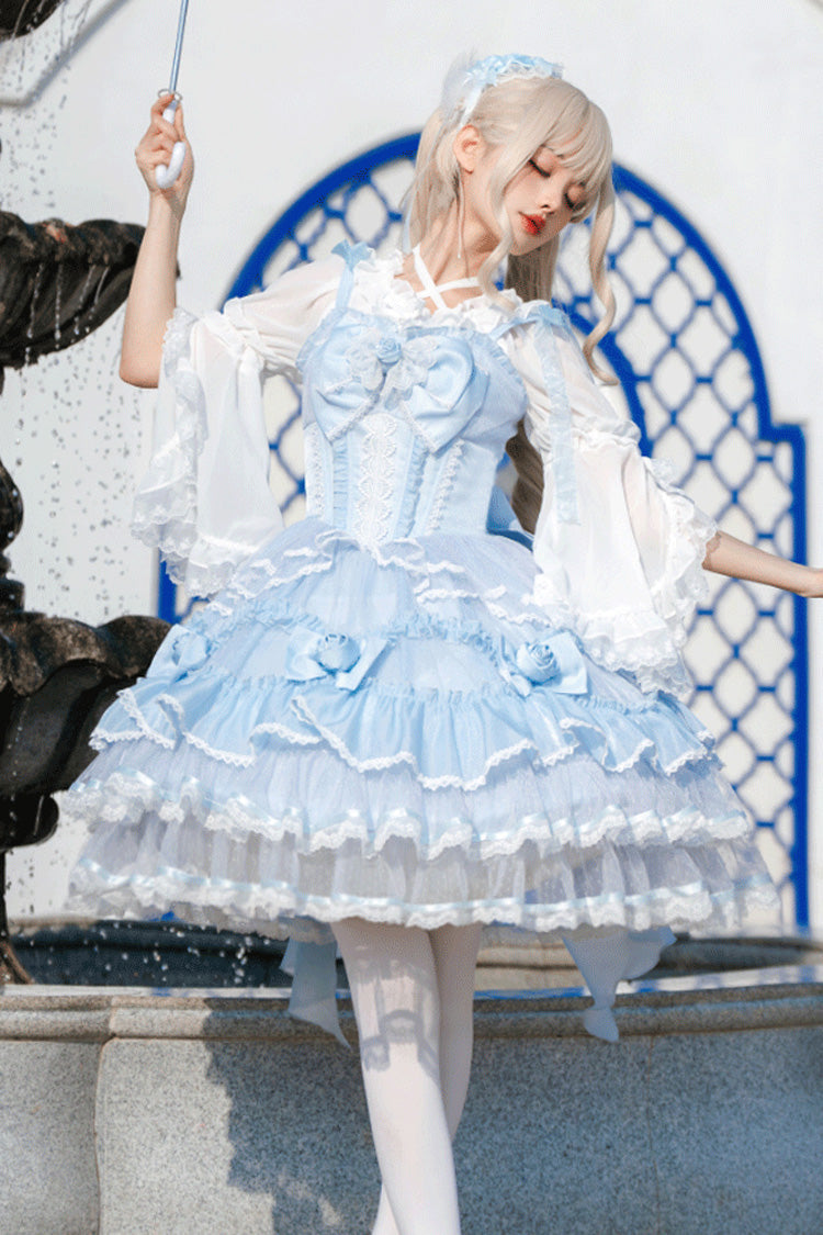 [Moonlight Mirror] Sleeveless Triple-Layered Ruffle Bowknot Lace Sweet Elegant Lolita Jsk Dress 2 Colors - Blue - 1