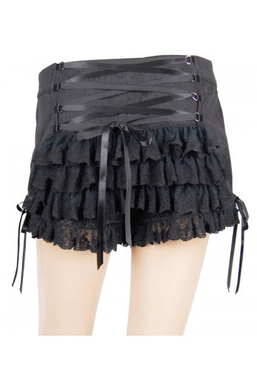 Black Front Double Breasted Buttons Waist Lace Up Frill Lace Hem Gothic Jacquard Short Womens Pants - Product - 9