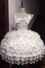 White [Sweetheart] Sleeveless Multi-Layered Embroidered Bow Lace Lace-Up Sweet Lolita Jsk Dress - Product - 3