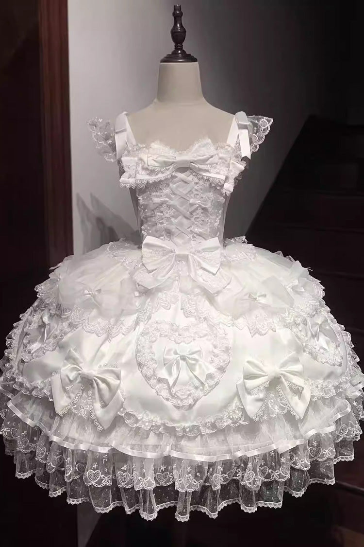 White [Sweetheart] Sleeveless Multi-Layered Embroidered Bow Lace Lace-Up Sweet Lolita Jsk Dress - Product - 3