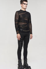 Black Gothic Bandage Design Net Yarn Perspective Men's Sweater - Product - 3