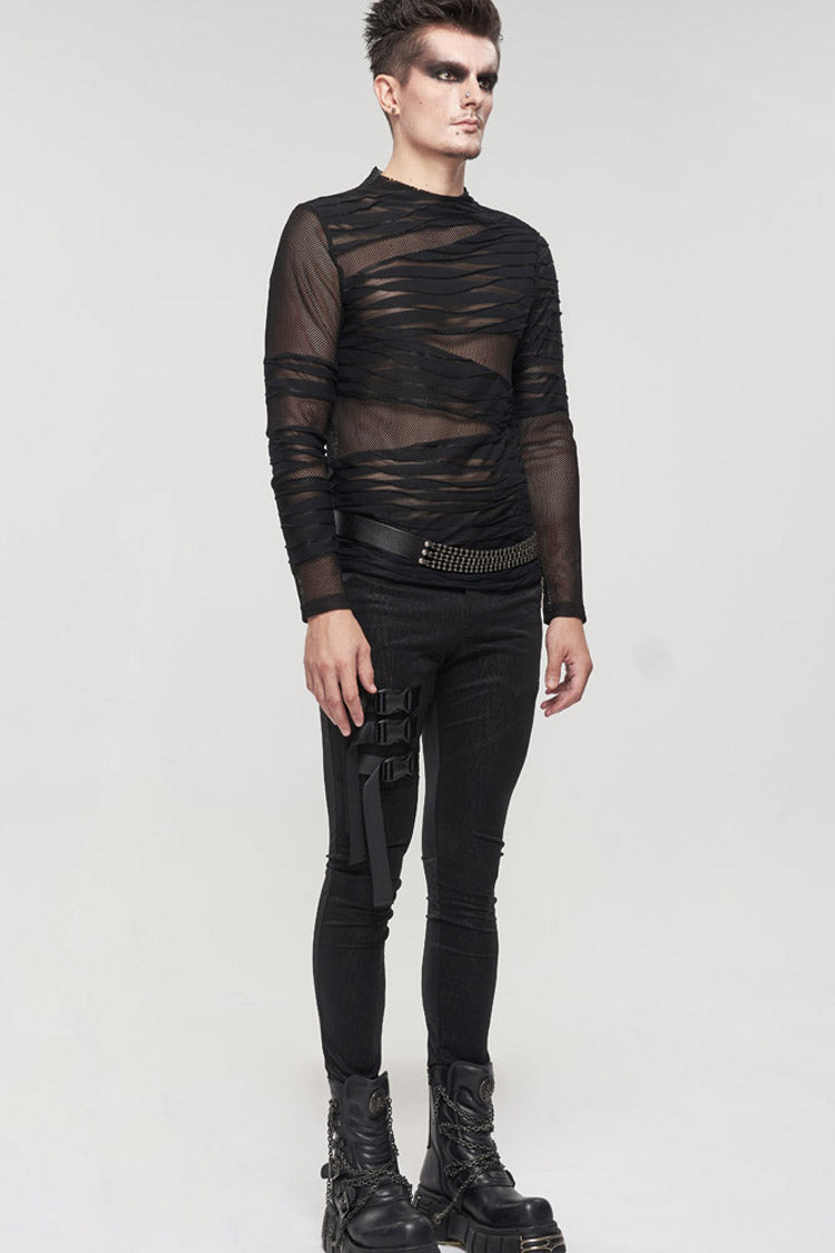 Black Gothic Bandage Design Net Yarn Perspective Men's Sweater - Product - 3