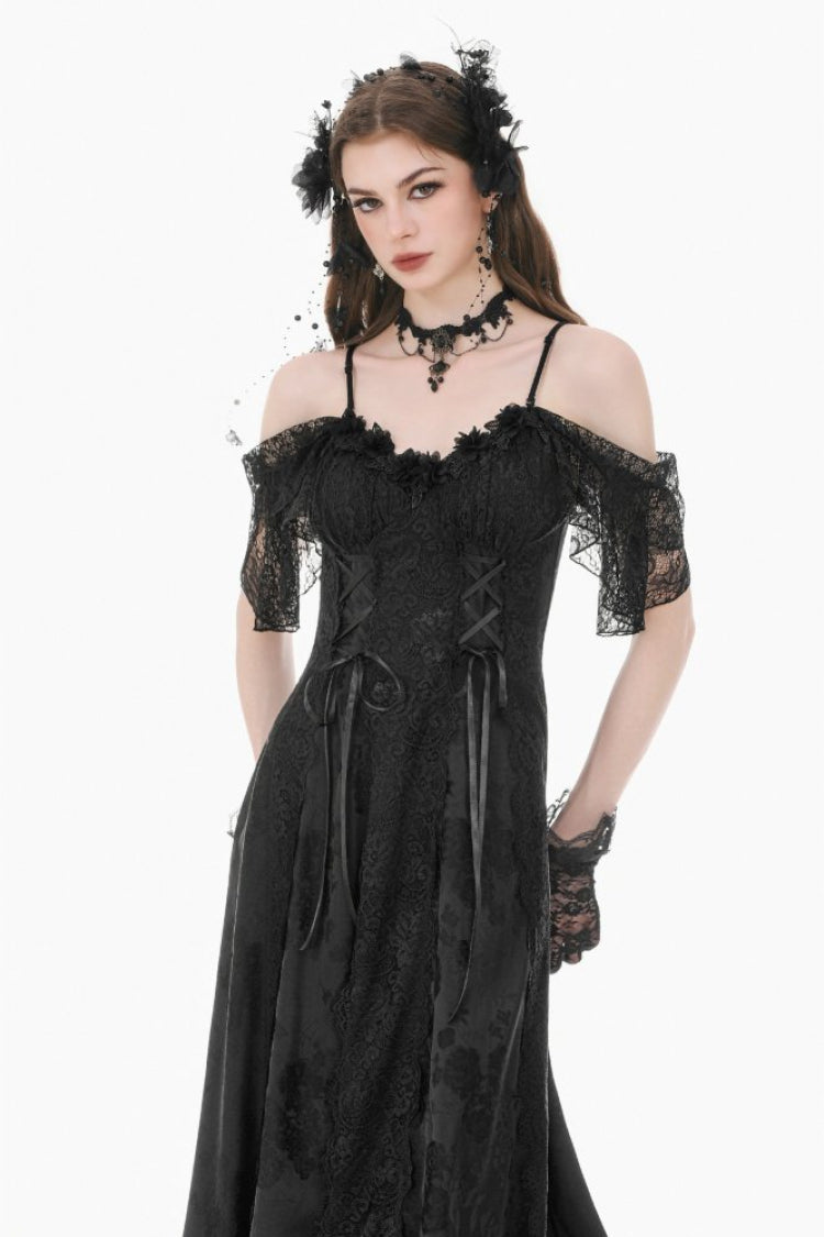 Black Off Shoulder Lace Flutter Sleeves Jacquard Side Corset Lace-Up Women's Gothic Slip Dress - Product - 5