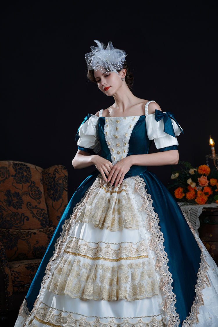 Blue/Apricot Off Shoulder Short Sleeves Ruffle Cardigan Bowknot Lace Classic Princess Palace Lolita Victorian Dress - Product - 4