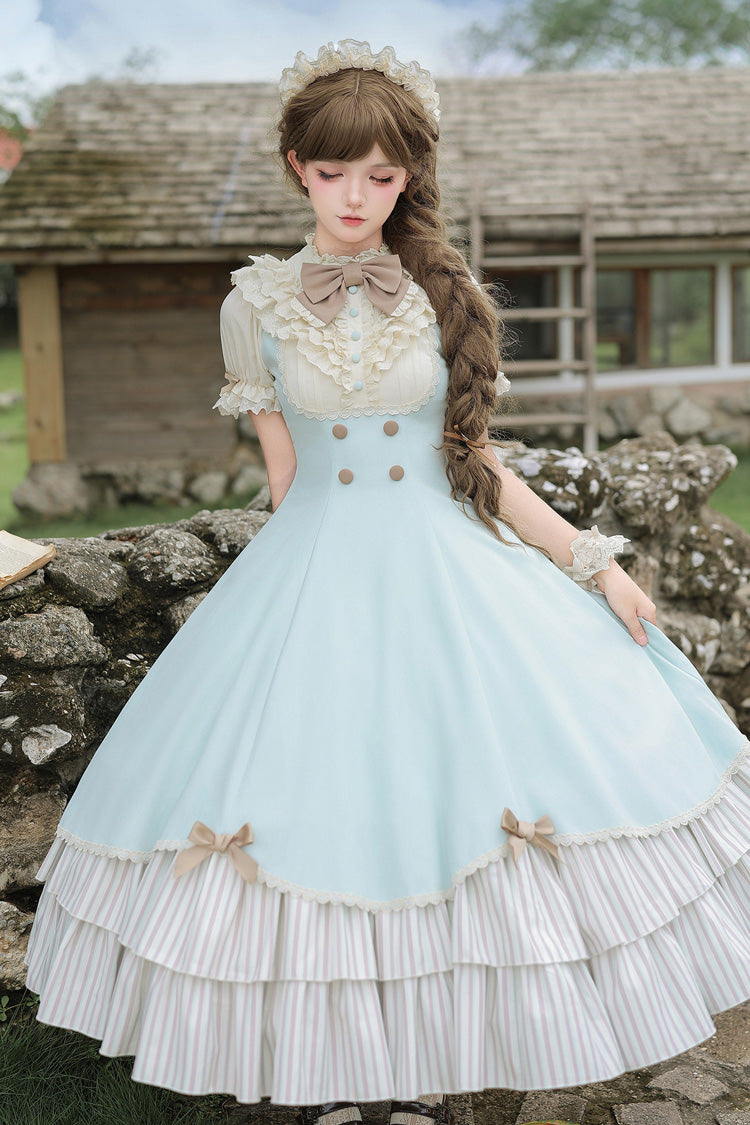 Blue [Sea Salt Snow Cap] Stand Collar Short Sleeves Petal Hem Ruffled Bow Sweet Lolita Dress Set 2 Versions - Product - 13