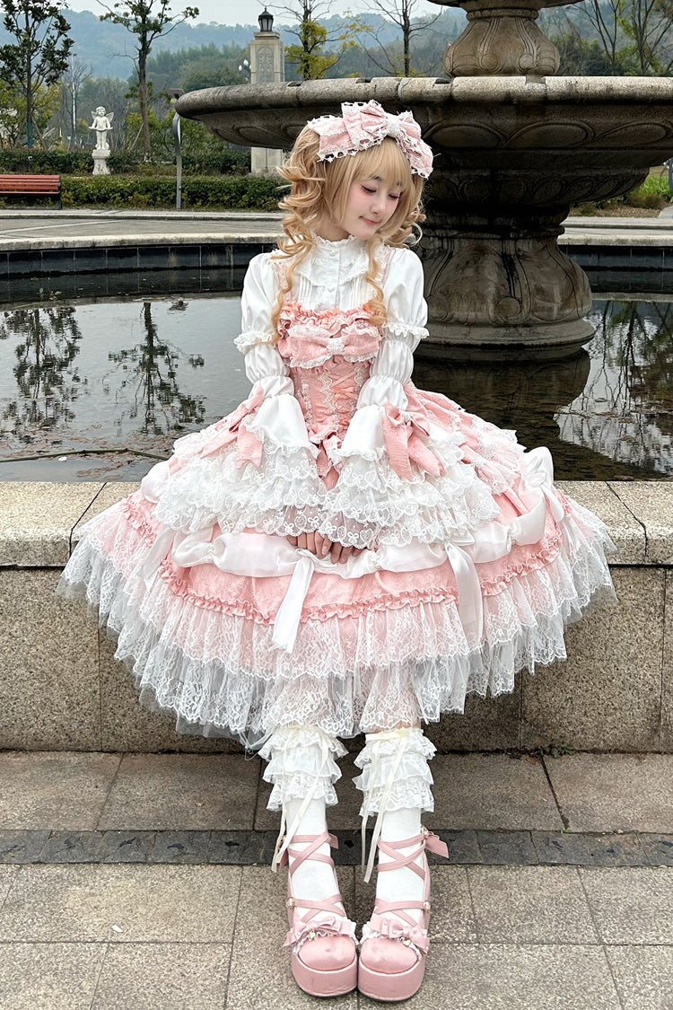Pink Sleeveless Multi-Layered Ruffle Bowknot Lace Sweet Plus Size Lolita Jsk Dress - Pink - 1