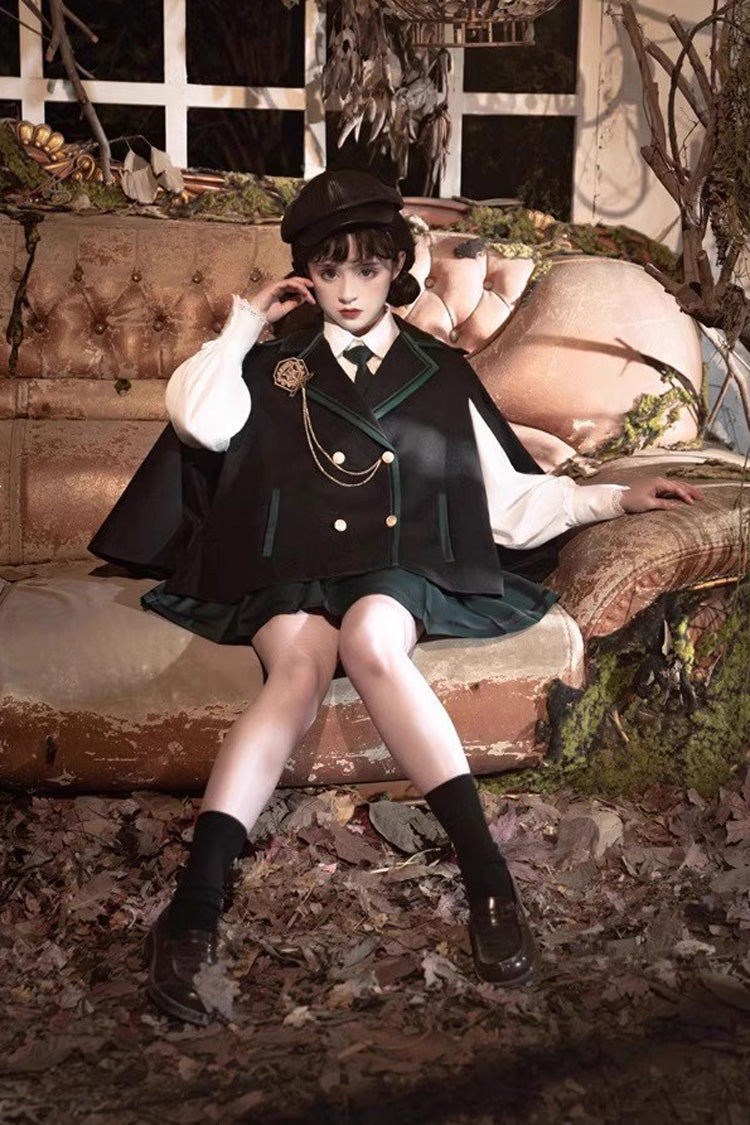 Black/Green Magic Academy Lapel Collar Gothic Vintage College Style Lolita Skirt Full Set - Product - 6