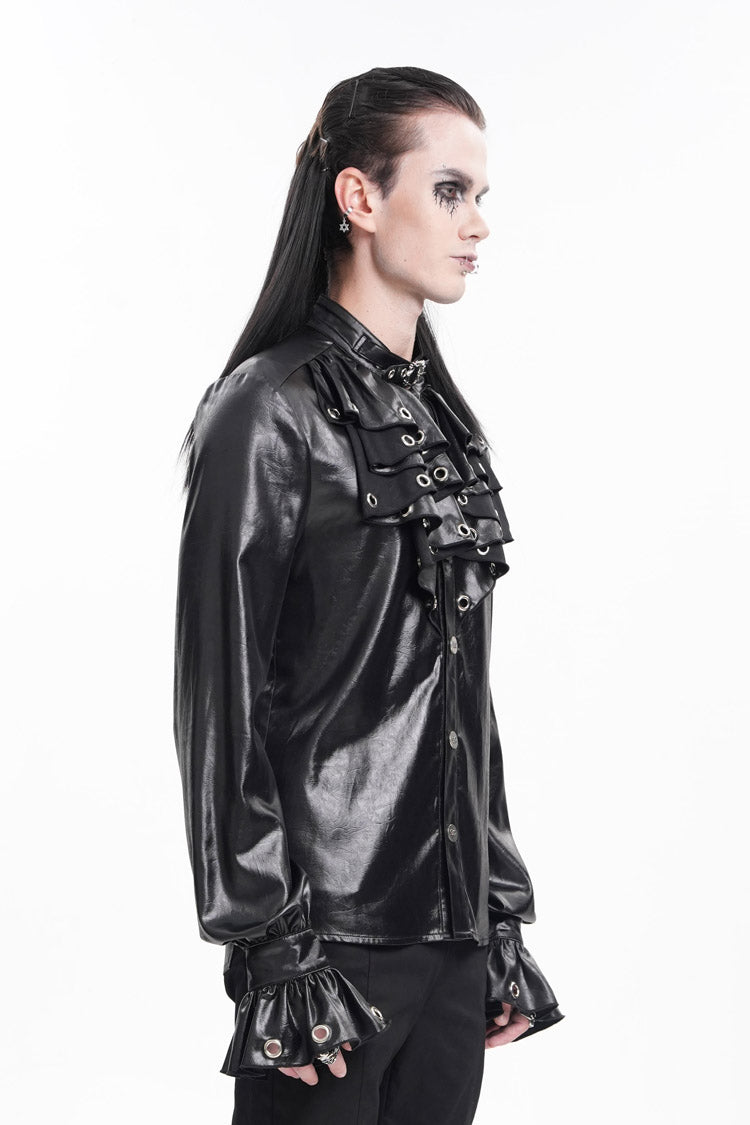 Black Long Sleeves Eyelets Buckle Men's Gothic Blouse - Product - 4
