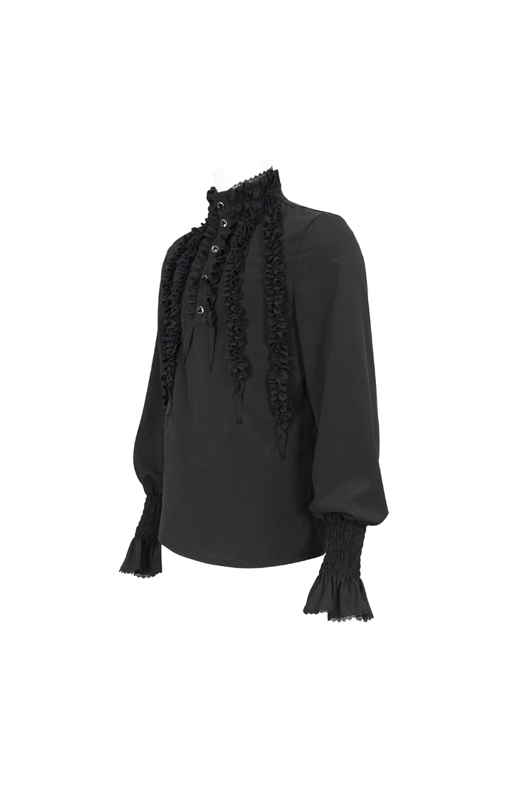 Black Irregular Stand Collar Puff Sleeved Ruffled Men's Gothic Shirt - Product - 6