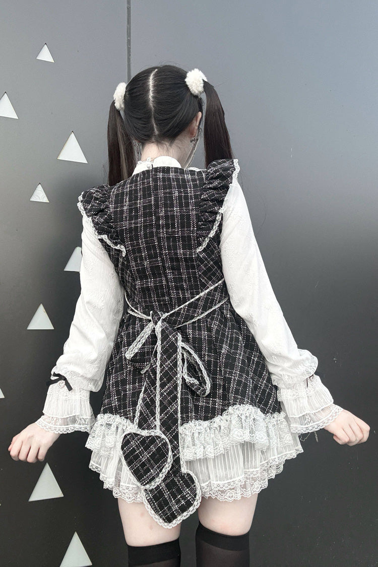 Black [Lunar Eclipse Doll] Long Sleeves Plaid Printed Ruffled Bow Lace Sweet Jirai Kei Japanese Dress Shorts Set - Product - 5