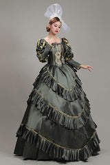 Dark Gray Court Style High Waisted Long Sleeves Floral Print Multi-Layer Victorian Lolita Prom Dress - Product - 3
