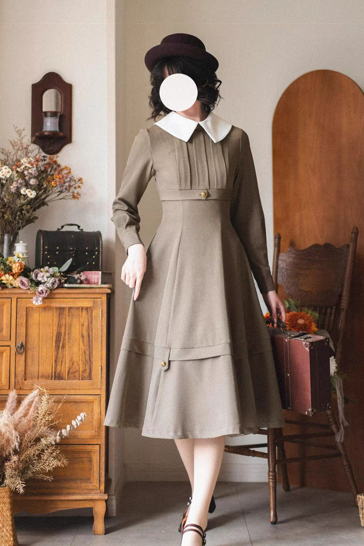 Khaki [Forest Antique Trunk] Lapel Collar Long Sleeves Classic Vintage Elegant Lolita Dress - Product - 2