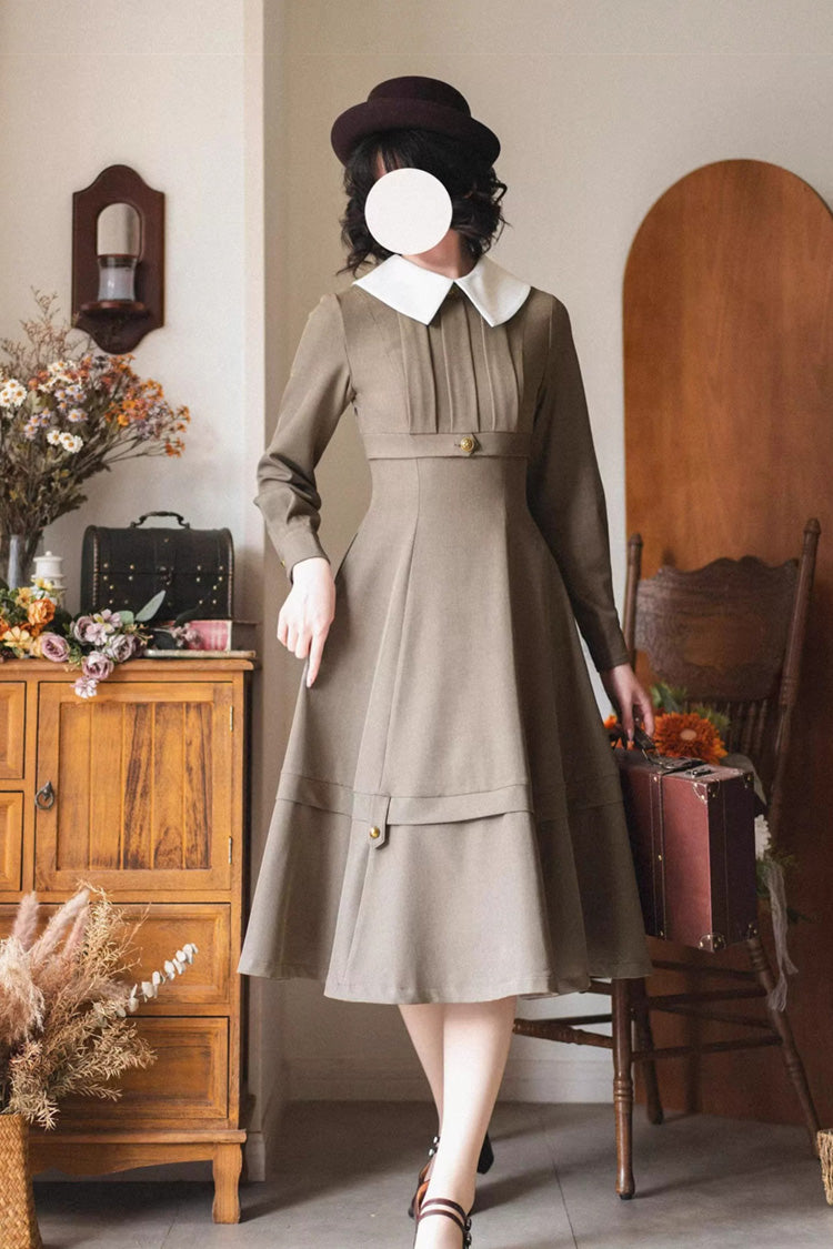 Khaki [Forest Antique Trunk] Lapel Collar Long Sleeves Classic Vintage Elegant Lolita Dress - Product - 2