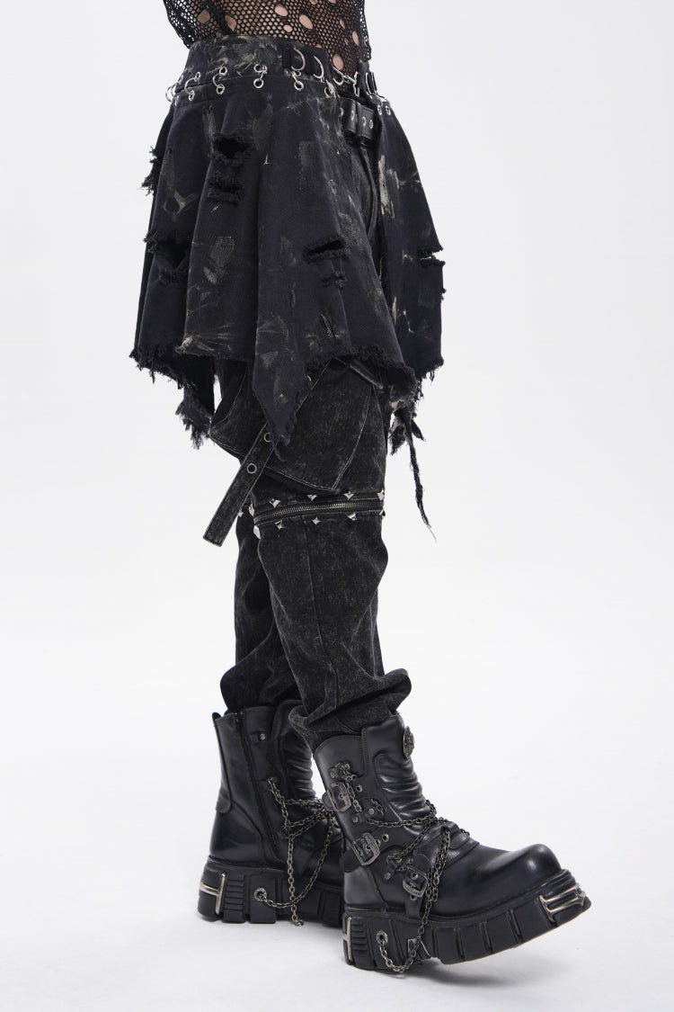 Black Irregular Ripped Buckled Pleated Chain-Decorated Men's Punk Skirt - Product - 11