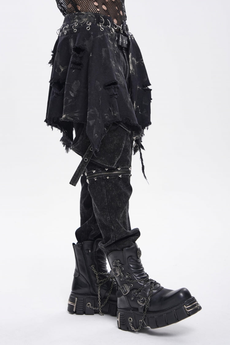 Black Irregular Ripped Buckled Pleated Chain-Decorated Men's Punk Skirt - Product - 11