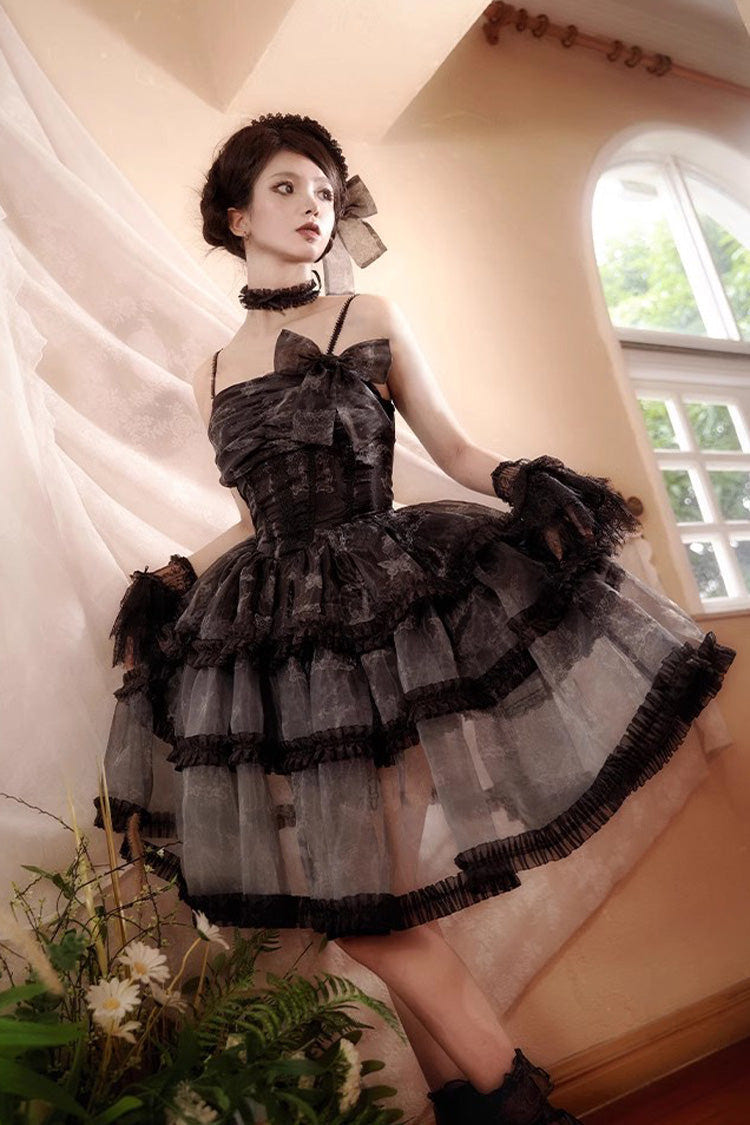 Black Multi-layer Butterfly Print Bowknot Lace Fish Bone Gothic Lolita Jsk Dress - Product - 2