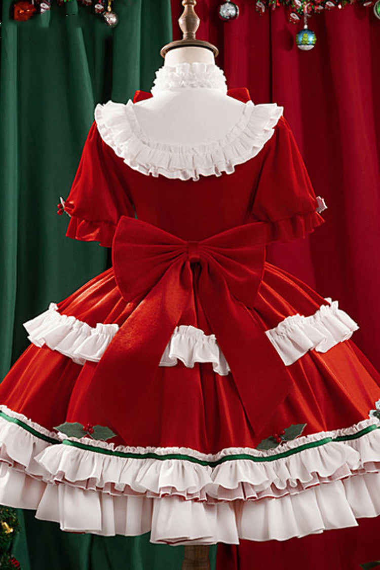 Red [Emma Woods Gardener] Stand Collar Short Sleeves Multi-Layered Ruffled Bow Christmas Sweet Lolita Dress - Product - 2