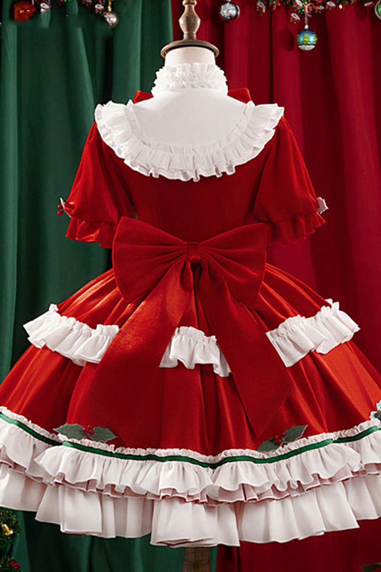 Red [Emma Woods Gardener] Stand Collar Short Sleeves Multi-Layered Ruffled Bow Christmas Sweet Lolita Dress - Product - 2