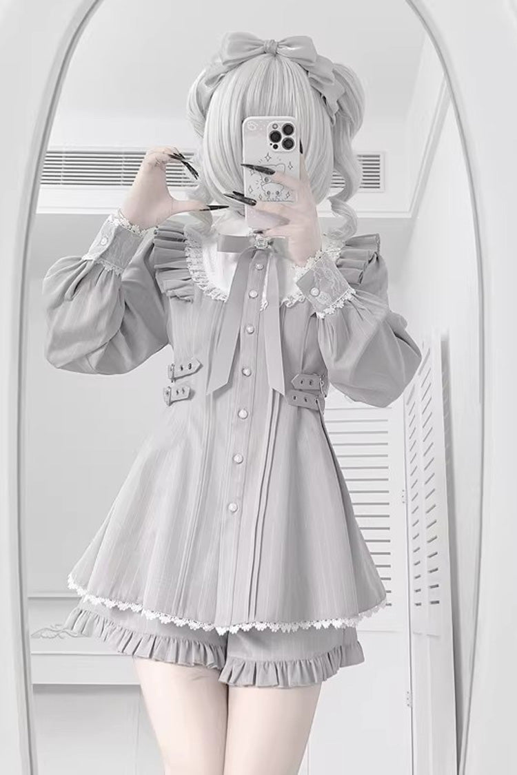 Grey Doll Collar Long Sleeves Ruffled Sweet Jirai Kei Dress - Grey - 1