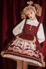 Red Doll Collar [Bunny Reading Club] Print Ruffle Lace Fake Two Pieces Sweet Princess Lolita Dress - Product - 7