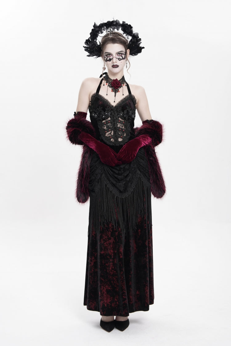 Red Sleeveless Hollow Floral Embroidery Lace-Up Pleated Women's Gothic Maxi Dress - Product - 8