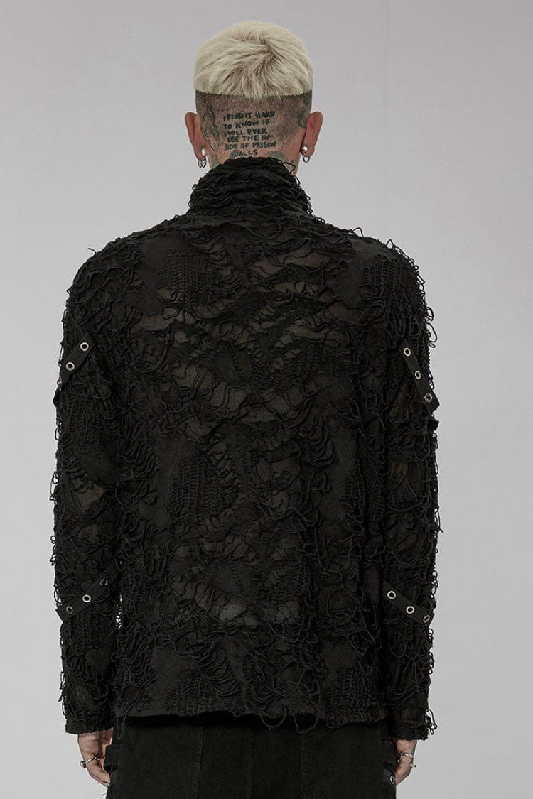 Black High Collar Stitching Ripped Men's Steampunk Blouse - Product - 3