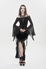 Black/Red Off Shoulder Long Trumpet Sleeves Ruffled Embroidered Lace-Up Women's Gothic Blouse - Product - 13
