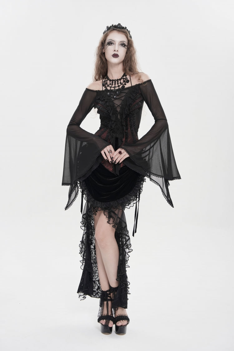 Black/Red Off Shoulder Long Trumpet Sleeves Ruffled Embroidered Lace-Up Women's Gothic Blouse - Product - 13