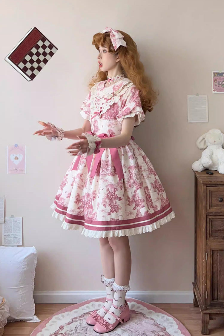 Rose Red [Grape Moon Almanac] Short Sleeves Multi-Layered Printed Ruffled Bow Sweet Lolita Dress - Product - 4