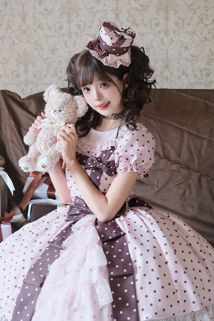 Pink [Canelé Gift Box] Round Collar Short Sleeves Double-Layered Printed Polka Dot Ruffled Open-Front Bow Asymmetric Sweet Lolita Dress - Product - 20