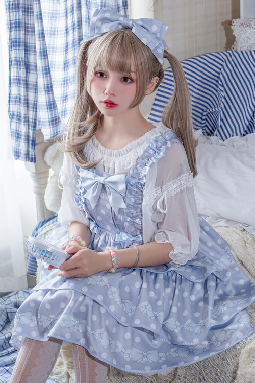 Polka Dot Print Sleeveless Bowknot Multi-Layer Ruffled High Waisted Sweet Lolita Tiered JSK Dress - Product - 6