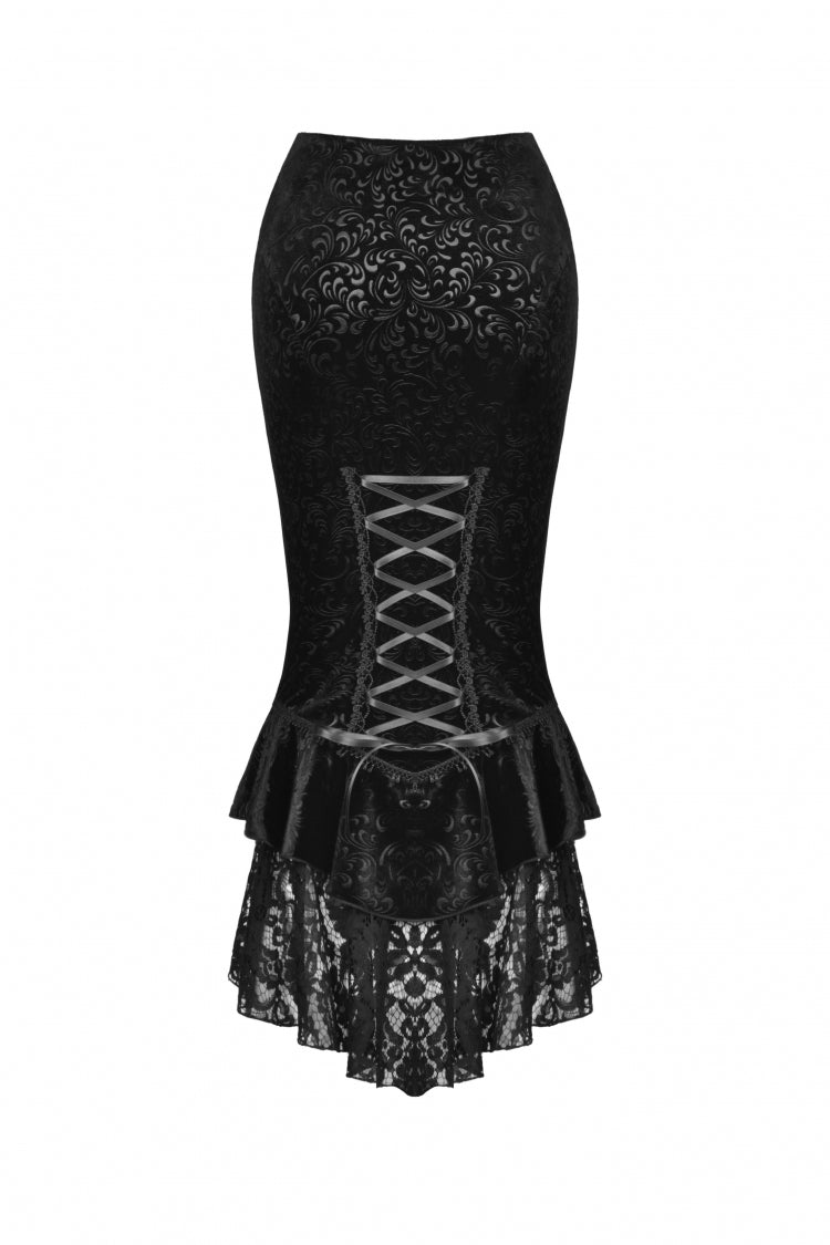 Black Jacquard Lace Lace-Up Women's Gothic Dovetail Wrap Skirt - Product - 9