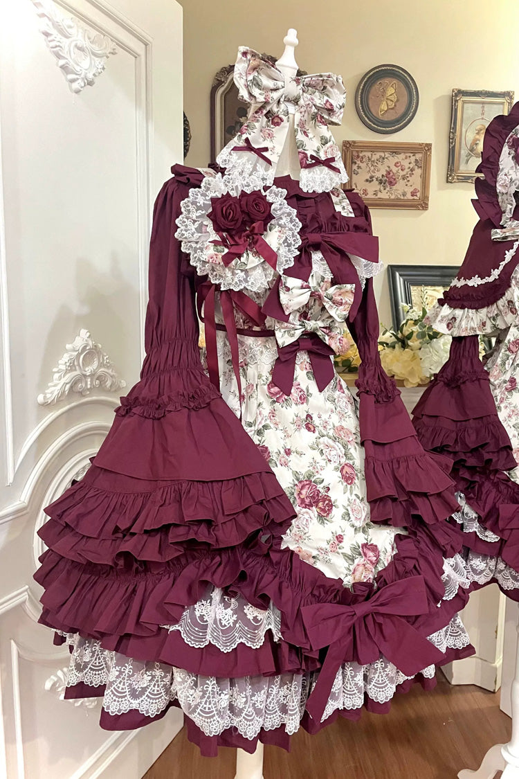 Burgundy Rose Flower Wall Printed Off Shoulder Sleeveless Ruffled Bow Lace Gothic Lolita Jsk Dress - Product - 17