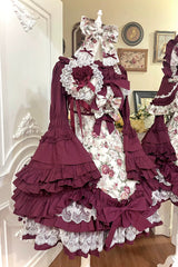 Burgundy Rose Flower Wall Printed Off Shoulder Sleeveless Ruffled Bow Lace Gothic Lolita Jsk Dress - Product - 17