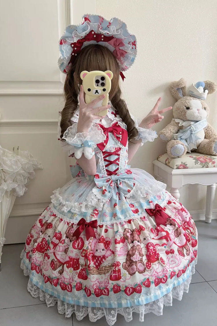 Red/Blue [Sweet Berry Bunny Bear] Printed Bow Lace Lace-Up Sweet Lolita Jsk Dress - Product - 3