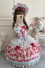 Red/Blue [Sweet Berry Bunny Bear] Printed Bow Lace Lace-Up Sweet Lolita Jsk Dress - Product - 3