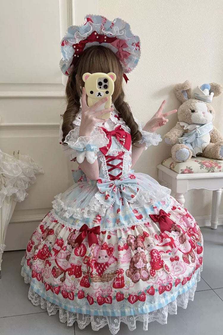 Red/Blue [Sweet Berry Bunny Bear] Printed Bow Lace Lace-Up Sweet Lolita Jsk Dress - Product - 3