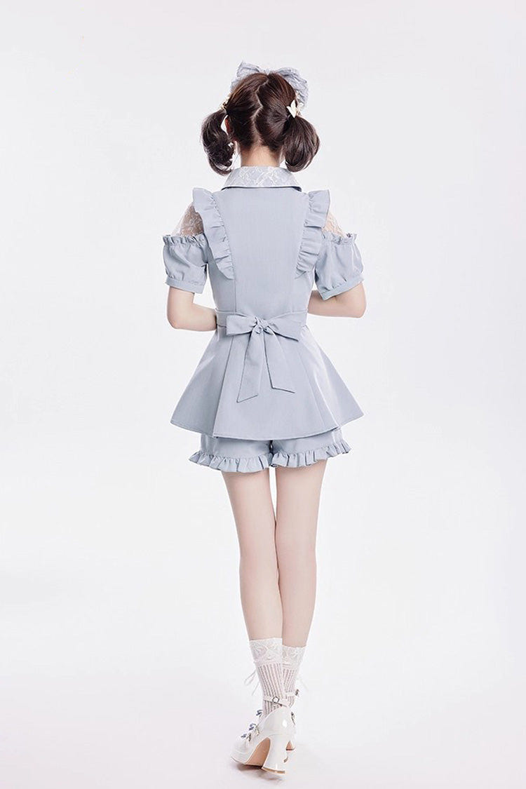 [Alice of Wednesday] Sweet Off Shoulder Short Sleeves Ruffle Bowknot Lace-Up Japanese Jirai Kei Dress Shorts Set 3 Colors - Product - 7