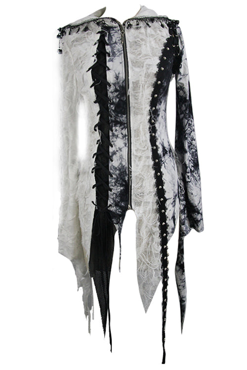 Black And White Tie Dyed Jersey Hooded Punk Asymmetrical Womens Coat - Product - 5