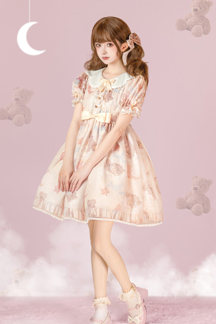 Star Wishing Bear Print Short Sleeves Bowknot Sweet (Dress Only) detail view 6